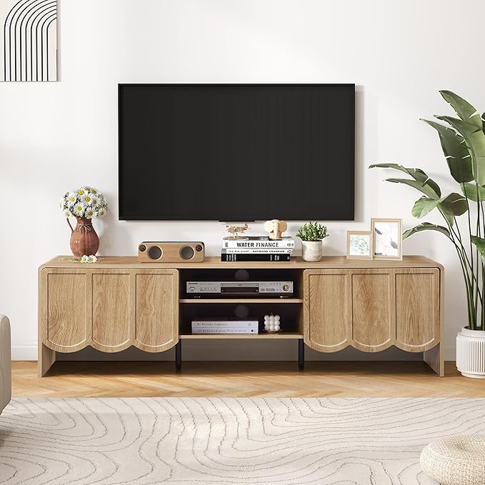 ORRD 63'' TV Stand, Modern TV Console Table Wave Panel Television Stands Entertainment Media Center with Storage Compartment and Sliding Door for Living Room (Natural)