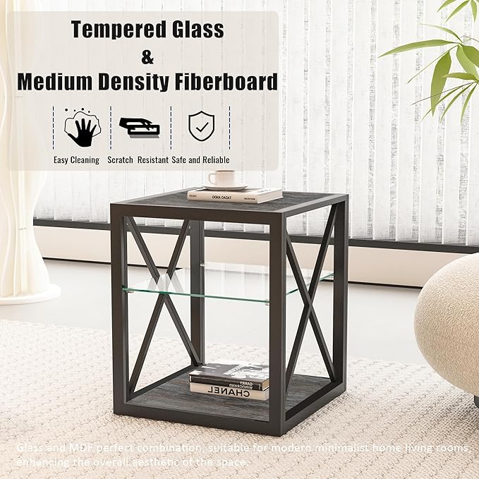 Farmhouse End Table Set of 2, Modern Side Table with 3-Tier Storage Shelf, Square Rustic Nightstand, Accent Tea Table, for Bedroom Office Living Room, Grey, Natural Wood, Glass, Metal
