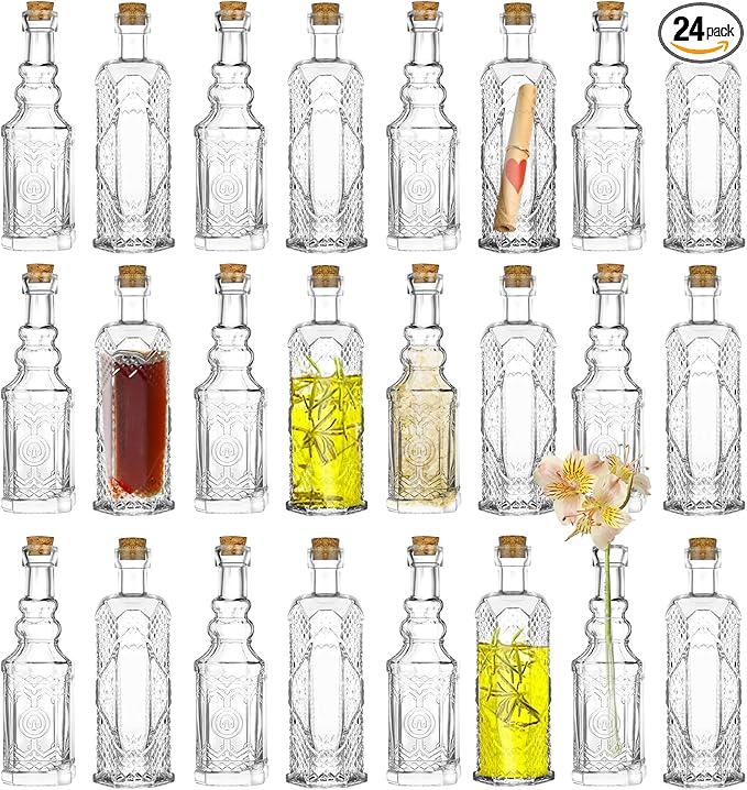 24 pcs Small Mini Clear Vintage Glass Bottles with Corks, Small Bud Vases, Decorative, Potion Bottles, 1.6oz for Party Wedding DIY Decoration/ Sand Art Bottles/Spell Jars/Message In a Bottle Kit