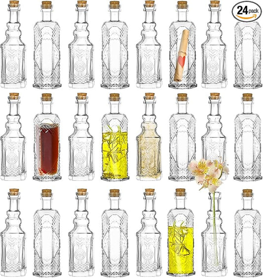 24 pcs Small Mini Clear Vintage Glass Bottles with Corks, Small Bud Vases, Decorative, Potion Bottles, 1.6oz for Party Wedding DIY Decoration/ Sand Art Bottles/Spell Jars/Message In a Bottle Kit