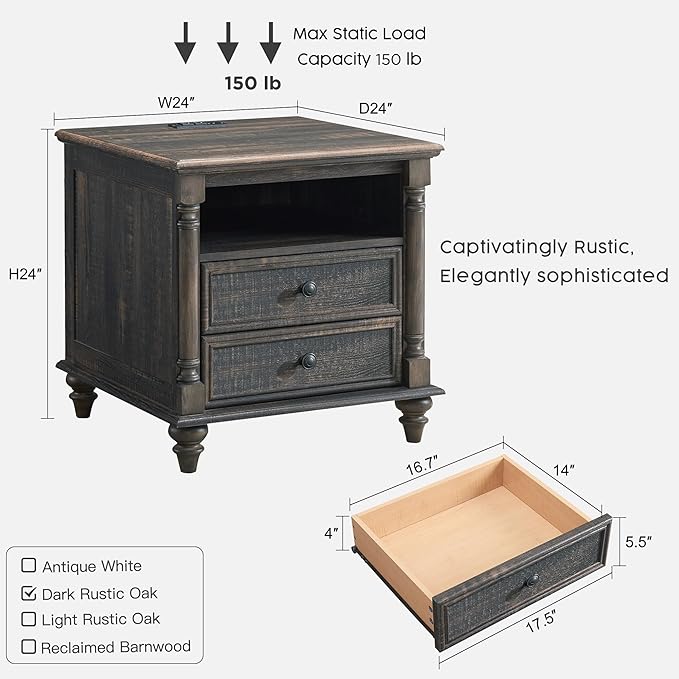 T4TREAM 24'' Farmhouse End Table w/4 Solid Wood Feet, Large 2 Drawers Wide Sofa Side Table with Charging Station, Tall Rustic Wood Square Nightstand for Living Room, Bedroom, Office, Dark Rustic Oak
