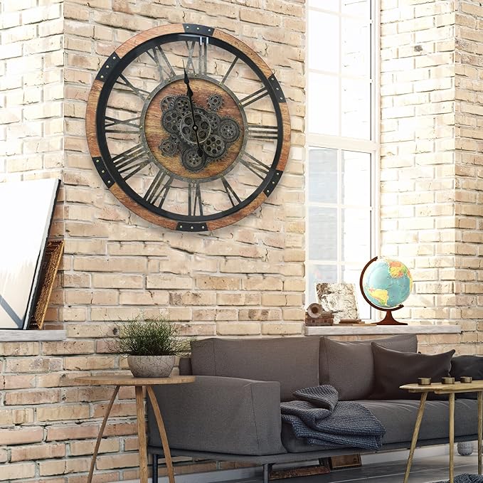 DORBOKER 36'' Large Wall Clock Real Moving Gears Oversized Industrial Solid Wood Rusic Farmhouse Clocks for Living Room Wall Decor Home Office, 36 inch 90cm, Brown and Vintage Bronze