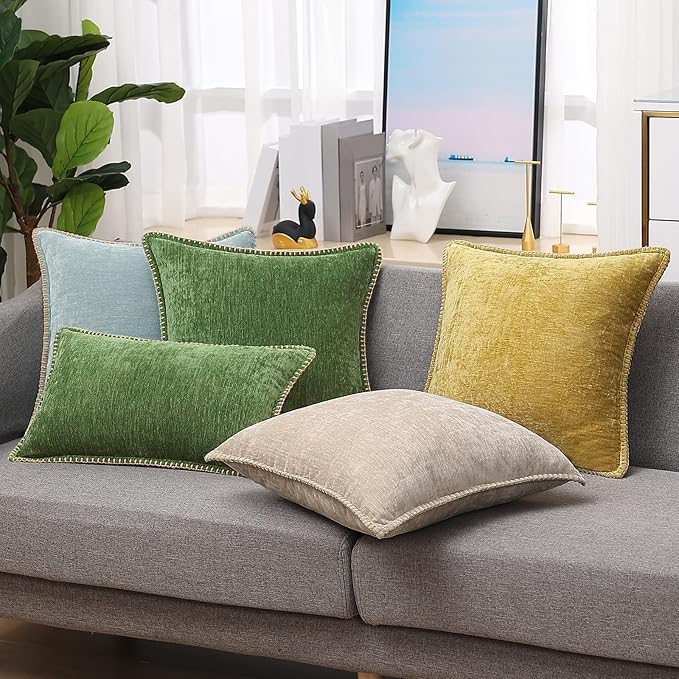 decorUhome Fall Chenille Soft Throw Pillow Covers 20x20 Set of 2, Farmhouse Velvet Neutral Decorative Euro Pillow Covers with Stitched Edge for Couch Sofa Bed Home Decor, Forest Elf
