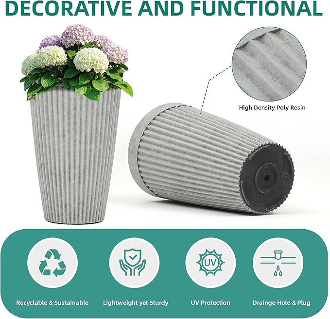 20" Resin Tall Planters for Outdoor Plants, Set of 2 Vintage Gray Large Flower Pots with Handmade Fluted Texture, Heavy-Duty and Weather-Resistant for Year Round Indoor Outdoor use