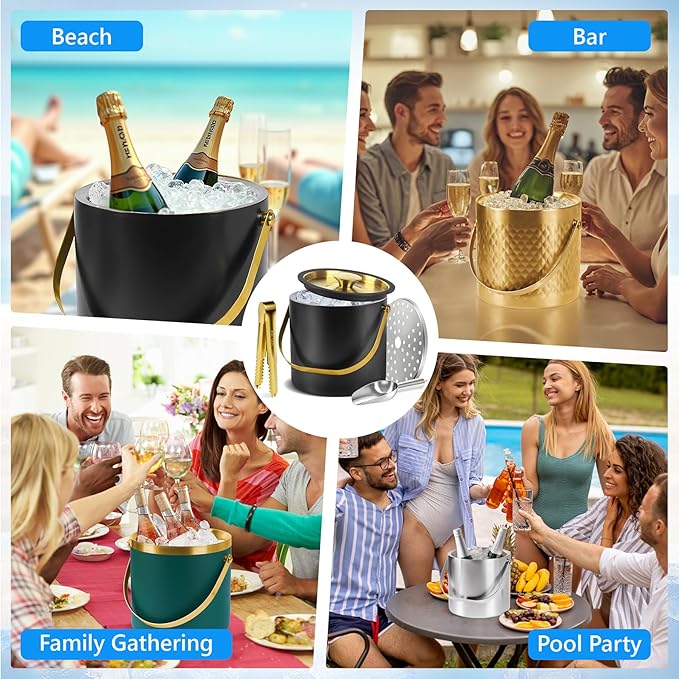 Ice Bucket, Green Ice Bucket 3L with Silicone Sealing Ring Double-Wall Vacuum Insulation Champagne Buckets with Filter Layer Ice Tongs Ice Scoop (Green, 3 L)