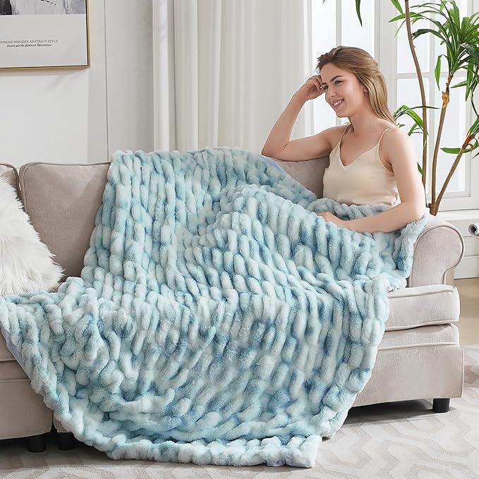 Ultra Soft Luxury Faux Fur Twin Blanket for Counch,Fuzzy Fluffy Plush Warm Cozy Elegant Wrinkled Blanket for Sofa Bedroom Living Room,(60"x80",Tie-dye Freshwater Blue)