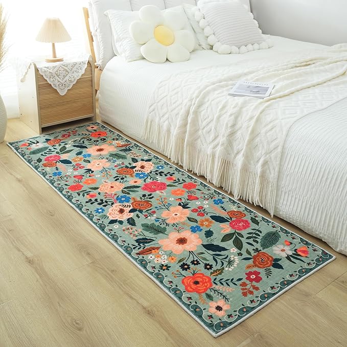 Runners for Hallways Kitchen Runner Rug Non Slip 2'x 10' Long Washable Rugs with Rubber Backing Soft Floral Carpet Runner for Hallways, Kitchen, Laundry, Bedroom, Bathroom(Green)