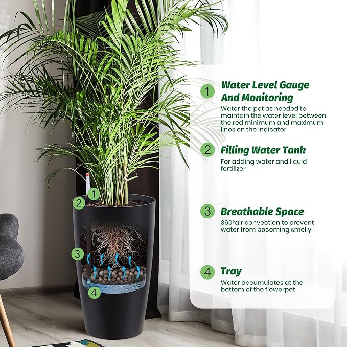 22" Tall Round Planter Set of 2, Self Watering Pots for Indoor Plants, Large Flower Pot Outdoor with Built-in Drainage and a Water Level Monitor, for Patio, Porch, Living Room, or Home Office, Black