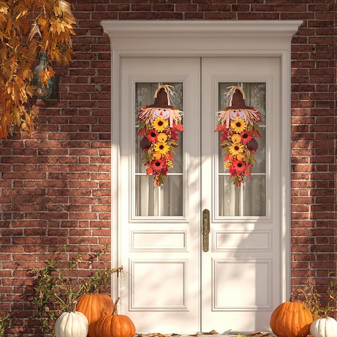 24" Rustic Fall Scarecrow Teardrop Swag β Farmhouse Sunflower & Pumpkin Wreath β Autumn Harvest Hanging Decor for Front Door, Wall, Porch, Indoor/Outdoor