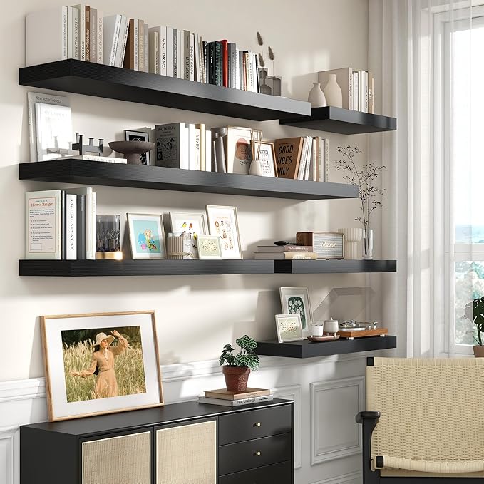 Black Floating Shelves for Wall - 55 Inch Wide x 12 Inch Deep Wall Shelves Set of 1 - Rustic Black Wood Shelves for Living Room, Bathroom, Laundry Room, Bedroom, Kitchen, Home Office