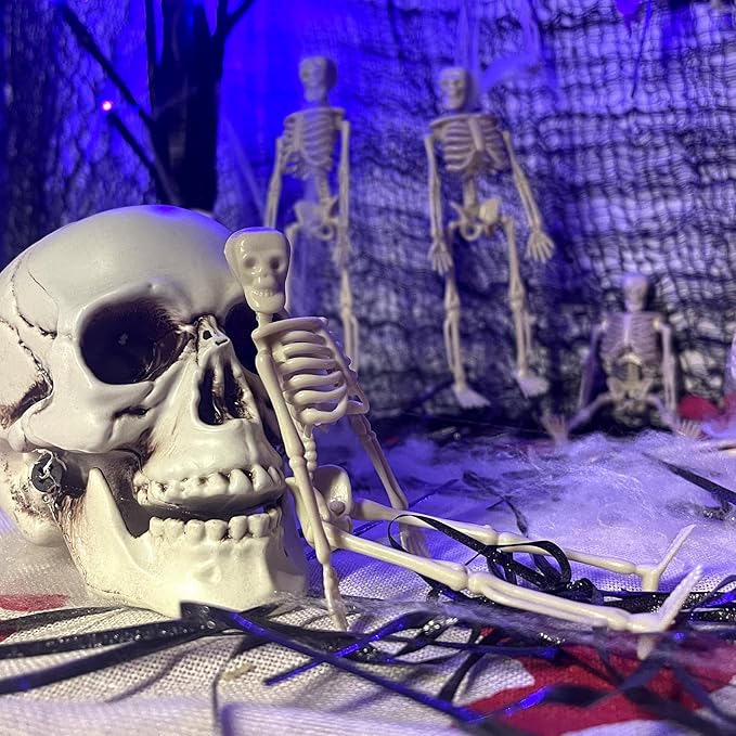 24 Pcs mini skeleton halloween decoration With hemp rope,6”small plastic posable halloween tiny skeleton figurines decor for Halloween Indoor Outdoor Graveyard Decor Haunted House Party Favors