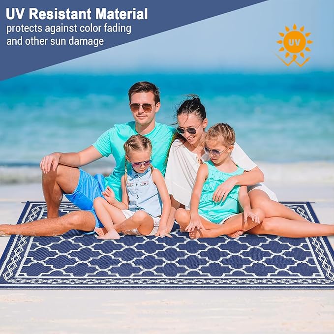 GAOMON Outdoor Plastic Straw Rug, 10'x20' Reversible Sage Green Patio Mat, Flower Modern Design for RV, Backyard, Deck, Camping, Picnic, Navy/White(Geometric)