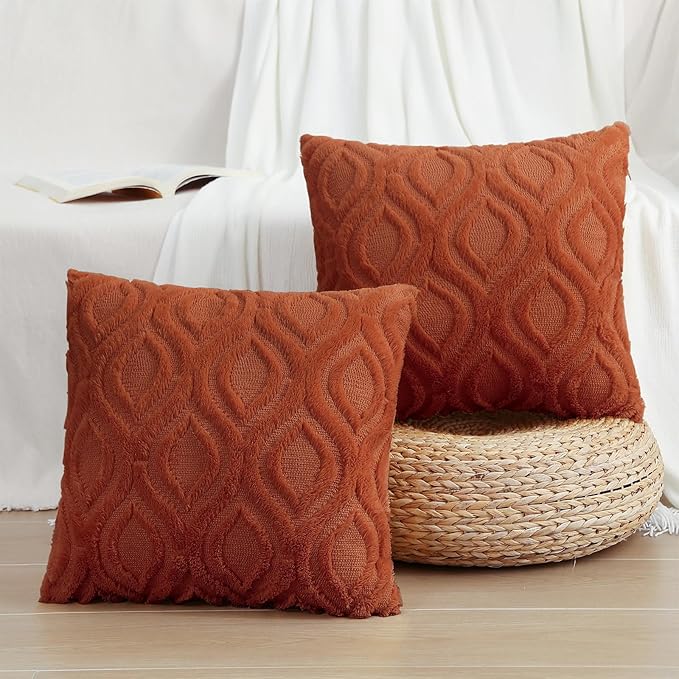 decorUhome Fall Throw Pillow Covers 26x26 Inch Set of 2, Soft Plush Decorative Faux Fur Rust Solid Couch Pillow Covers, Accent Farmhouse Neutral Square Euro Pillow Cases for Sofa Bed Living Room