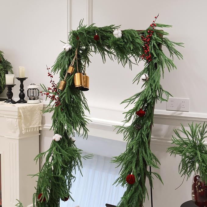 2PCS 9FT Christmas Garland Norfolk Pine Garland Real Touch Artificial Greenery Garland for Mantle Fireplace Table Indoor Outdoor Decor (Full)