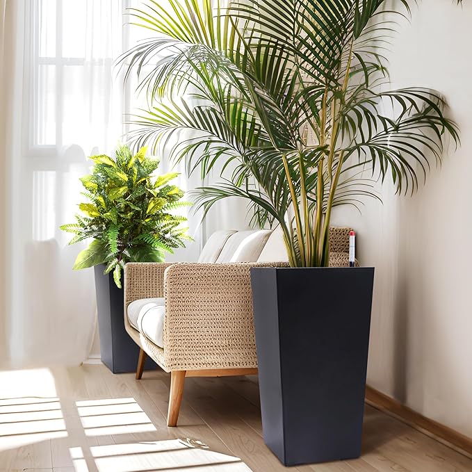 22.5" Tall Planters Set of 2, Outdoor&Indoor Black Planter Pots, High Front Porch Planter Pots with Drainage Holes&Water Level Monitor&Inner Bucket, Automatic Watering, Black