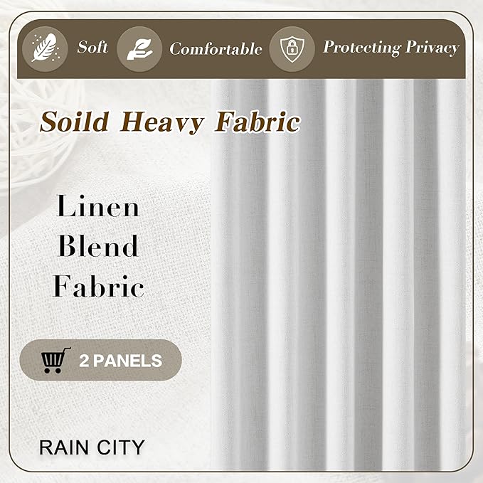 RAIN CITY Snow White Large Curtains 70 x 102 inch for Living Room Sliding Door 2 Panel Sets Back Tab Room Divider Pleated Linen Track Drapes for Bedroom Dining Room Farm House Cottage