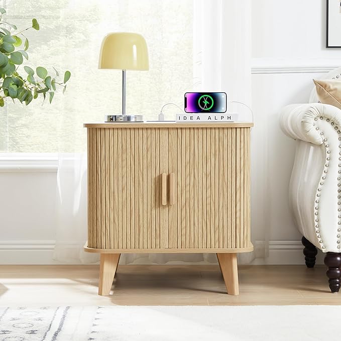 Farmhouse Square End Table with Charging Station, 24" Large Fluted Sofa Side Table with Sliding Tambour Door and Storage, Rustic Curved Wood Nightstand for Living Room, Bedroom, Natural