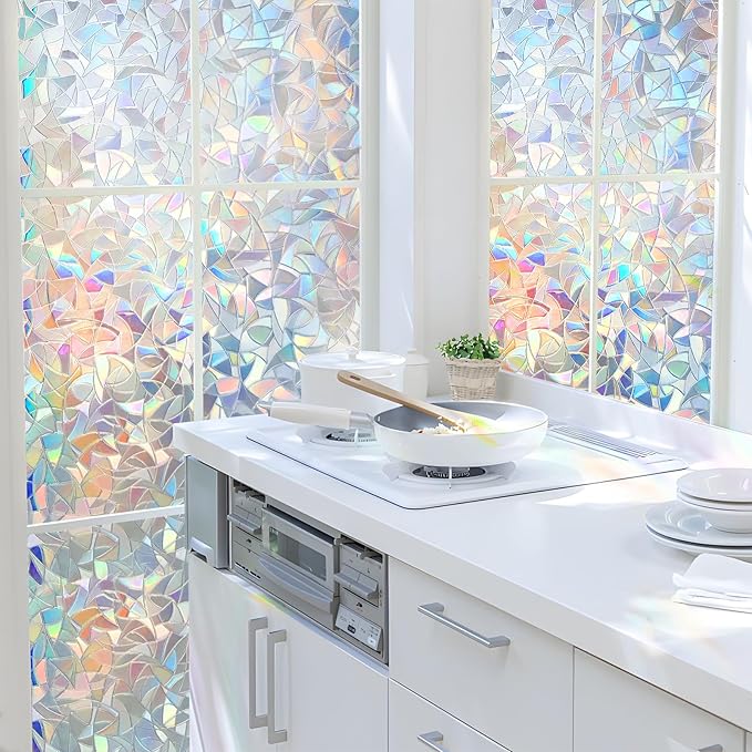 HIDBEA Window Privacy Film Static Clings, Rainbow Window Film, 3D Decals Non-Adhesive Window Vinyl Film for Home Door, 17.3 Inch x 13.1 Feet