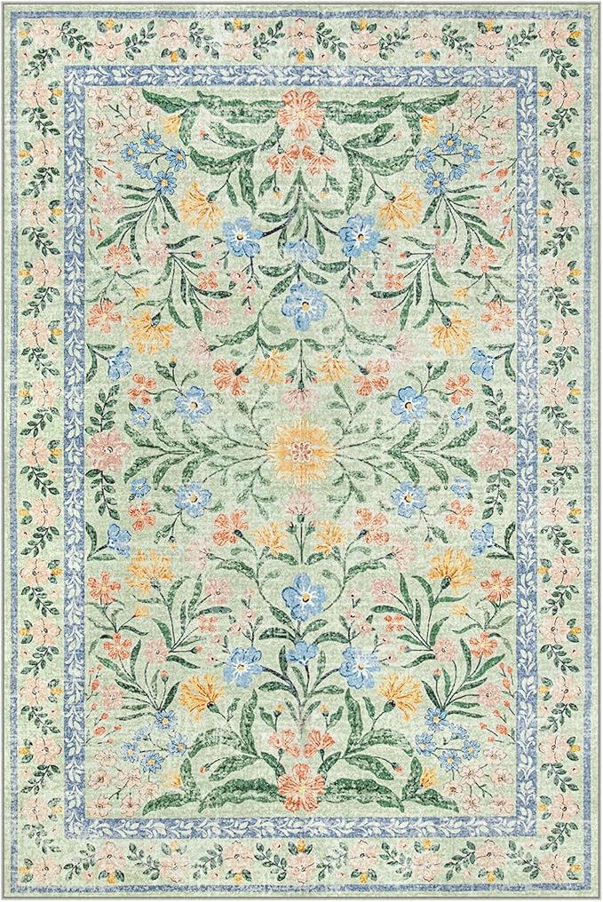 Wonnitar Washable Floral 6x9 Rug, Soft Green Area Rug Boho Non Slip Dining Room Carpet, Non-Shedding Flower Floor Carpets for Kids Bedroom Living Room Dorm Playroom