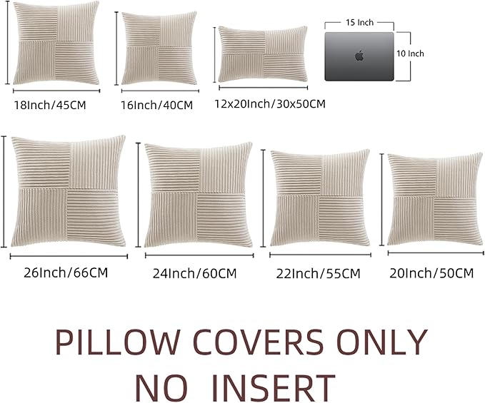 Fancy Homi 2 Packs Neutral Taupe Big Decorative Throw Pillow Covers 24x24 Inch for Couch Bed Sofa, Rustic Farmhouse Boho Home Decor, Soft Corss Corduroy Patchwork Accent Square Cushion Case 60x60 cm