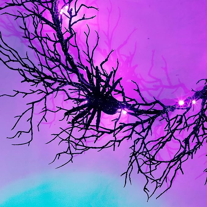 24 Inch Halloween Wreath for Front Door - Lighted Black Spider Wreath with Purple LED Lights, Outdoor/Indoor Spooky Decorations for Halloween Party, Porch, Holiday Home Decor