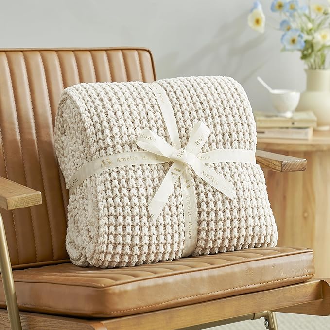 Amélie Home Chenille Waffle Throw Blanket for Couch, Reversible Pineapple Stitch Knit Soft Cozy Knit Blanket Lightweight Warm Decorative Throw for Sofa, Bed, Living Room, 60"x80", Beige&Ivory
