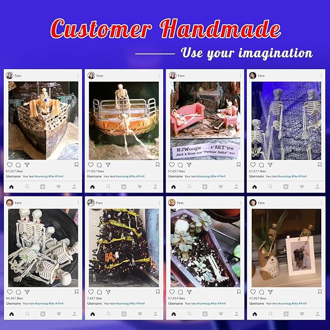 24 Pcs mini skeleton halloween decoration With hemp rope,6”small plastic posable halloween tiny skeleton figurines decor for Halloween Indoor Outdoor Graveyard Decor Haunted House Party Favors