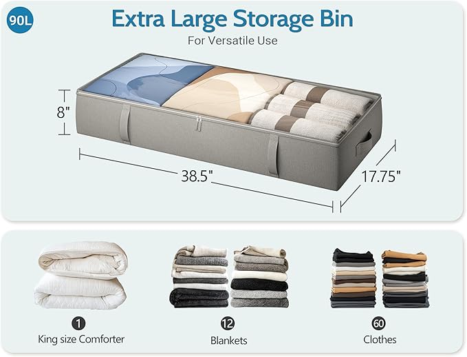 2-Pack Under Bed Storage Containers, 8 Inches Tall Underbed Clothes Storage Organizer Bin with Sturdy Sidewalls/Bottom, Under the Bed Storage Bags 2 Storage Bins, Light Grey