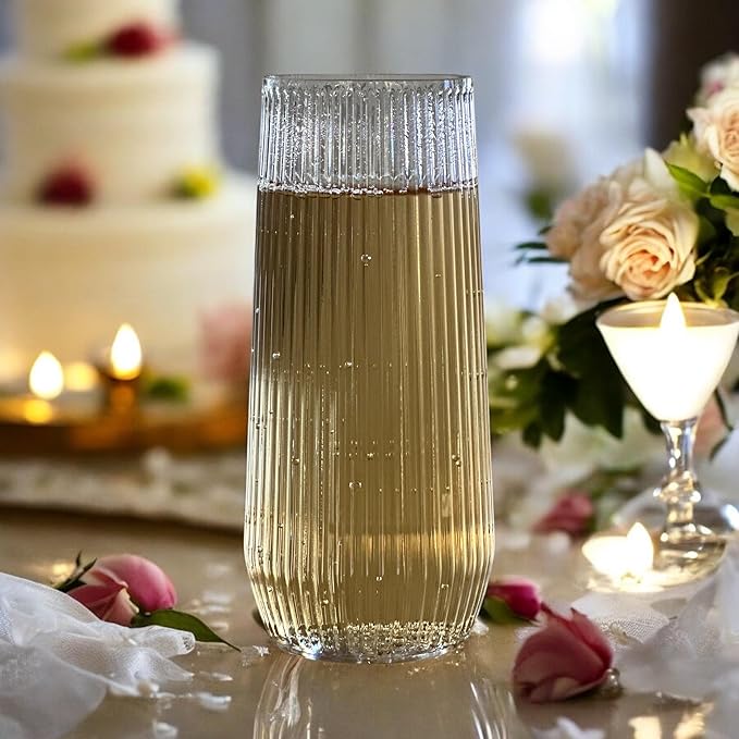 24 Pack Ribbed Ripple Stemless Toasting Glasses, Origami Durable 9 Oz BPA-Free Disposable Plastic Champagne Flutes for Weddings, Bars, Events, and Celebrations (Clear)