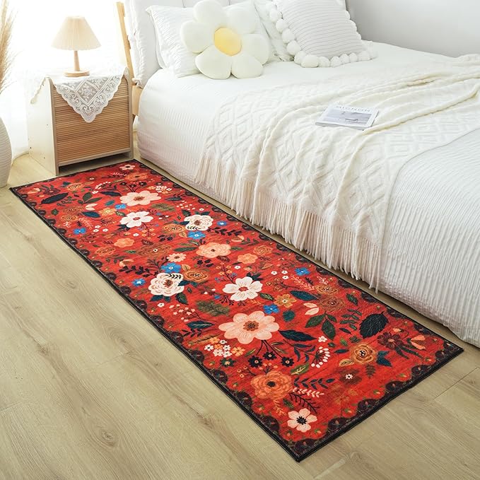 Runner Rug for Hallways Kitchen Rug Non Slip 2'x 6' Washable Runner Rugs with Rubber Backing Soft Floral Carpet Runner for Hallways, Kitchen, Laundry, Bedroom, Bathroom(Red)
