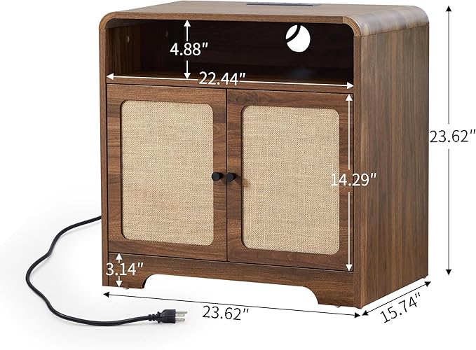 24" Large Side Table with Charging Station, Mid Century Modern End Table with USB/Type-C Ports, Curved Wood Nightstand with Storage & Natural Linen, Couch Side Table for Living Room Bedroom, Walnut