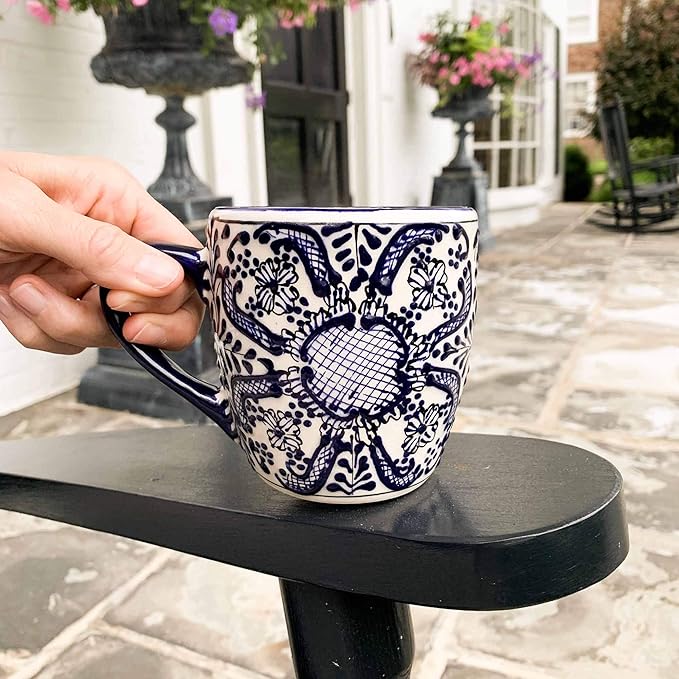 Encantada Handmade Hand-Painted Authentic Mexican Pottery Mugs (Cobalt Blue Flower X2)