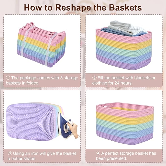 Shelf Baskets for Organizing, Woven Storage Basket for Shelves,Cotton Rope Storage Bins for Toys Books, Nursery Towel Baskets for Classroom, 14.96"X9.8"X8.85", 3-Pack Pastel Rainbow