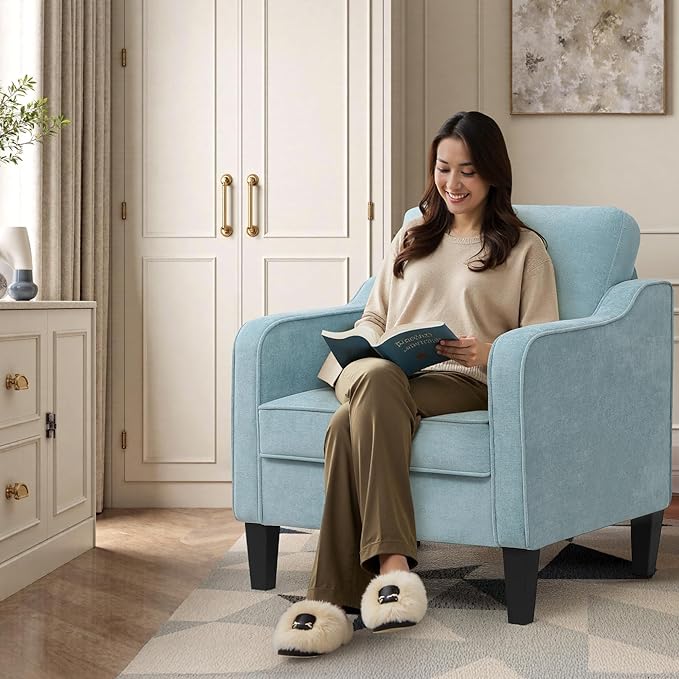 Accent Chairs Set of 2, Upholstered Living Room Chairs with Side Pockets, Mid Century Modern Reading Chair for Bedroom, Comfy Armchair Single Sofa Side Chair for Office, Small Room, Teal Green