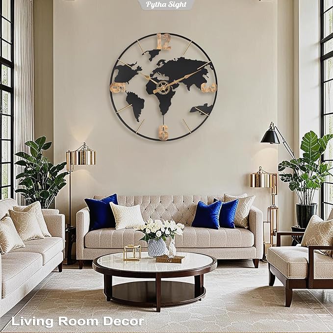 22 Inch Large Wall Clock,Modern Decorative Big World Map with Vintage Gold Arabic Numeral Extra Giant Metal Oversized Wall Clocks for Living Room,Office,Kitchen,Dining Room,Bedroom
