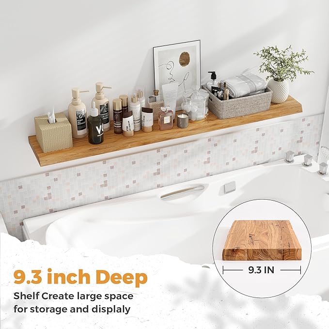 RICHFOCUS Live Edge Elm Floating Shelves - 55" W x 9.3" D Rustic Solid Wood Wall Shelves with Invisible Bracket, Wall-Mounted for Living Room, Bedroom, Kitchen Storage & Display, Set of 1, Natural