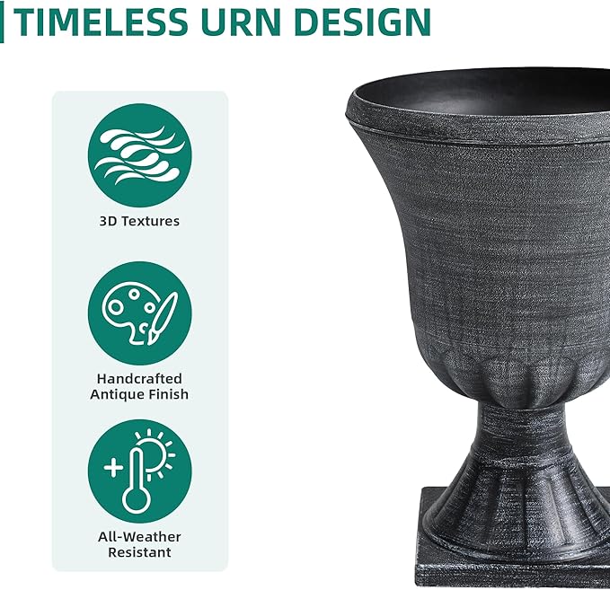 22" Timeless Urn Planters for Outdoor Plants, Set of 2 Plastic Large Flower Pot with Handmade Washed Black Finish, Weather-Resistant for Porch, Garden, Patio or Indoor Use