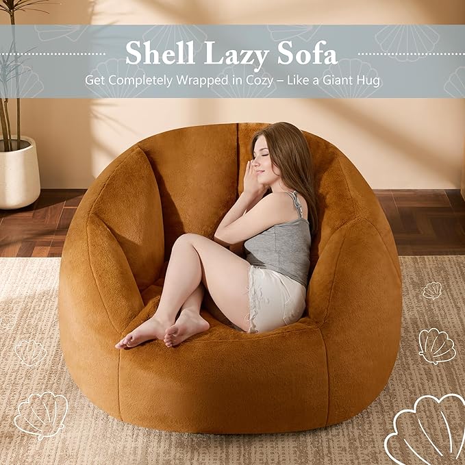 Giant Bean Bag Swivel Chair for Adults - Comfy Plush Round Shell Soft Accent Chair, Oversized Cozy Floor Sofa for Living Room, Bedroom & Game Rooms, Orange