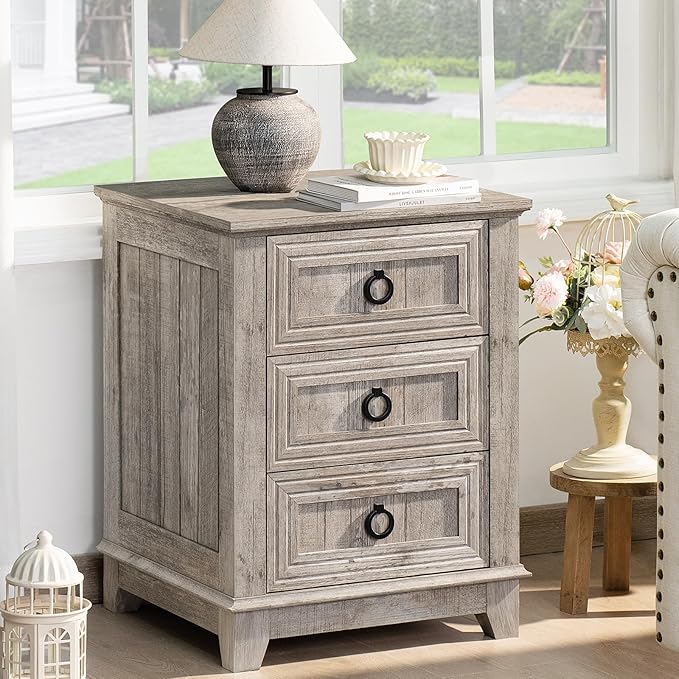 Farmhouse Night Stand Set of 2, 18" End Table with 3 Drawer Metal Handle, Dresser for Bedroom, Sofa Bed Side Table Chest of Drawers,Wood Nightstand Cabinet for Organizer, Living Room-Oak