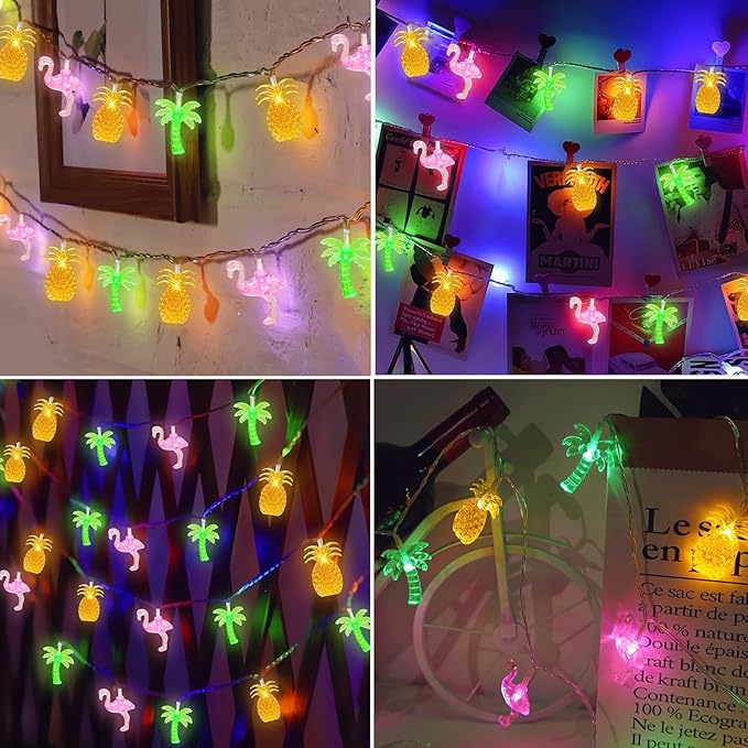 Couah 30 LED 16Ft Summer Beach Hawaiian String Lights - 8 Modes & Timer - Flamingo Pineapple Palm Tree Fairy Lights - Battery Operated for Tropical Party Pool Decorations