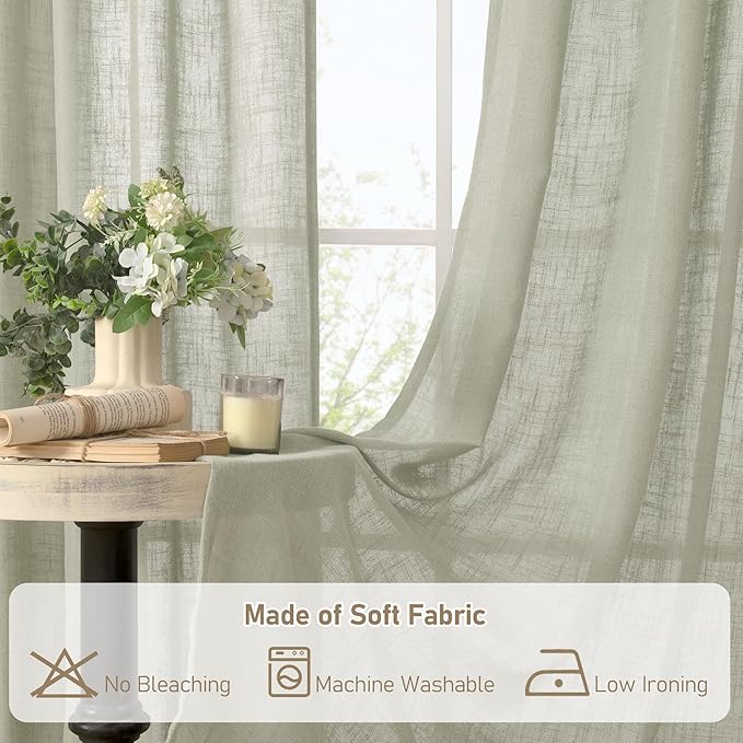 LAMIT Sheer Linen Curtains 63 Inch Length for Bedroom, Faux Linen Textured Light Filtering Neutral Bronze Grommet Window Treatment Drapes for Living Room, 2 Panels, 52 x 63 Inch, Sage Grey