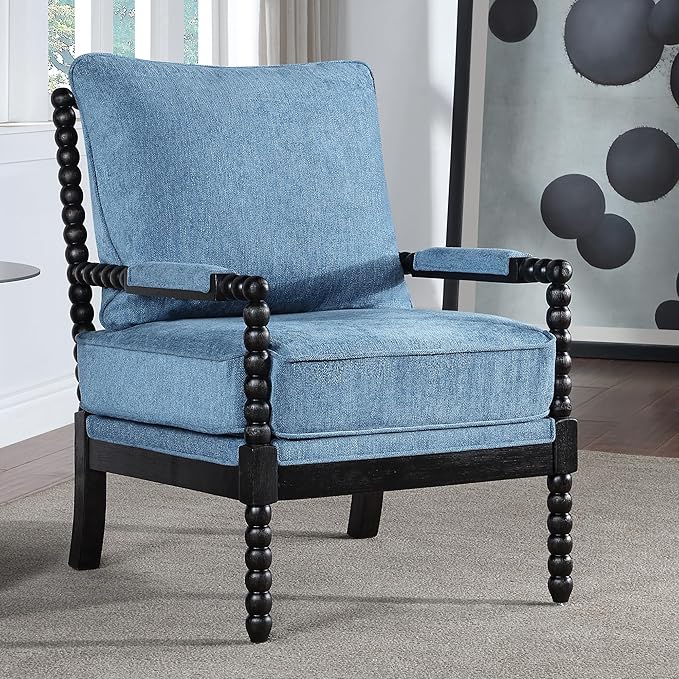 DUHOME Linen Fabric Spindle Accent Chairs Set of 2 with Wood Frame,Modern Accent Spool Chairs with Padded Spring Seat and Brushed Blue Base for Living Room Bedroom Farmhouse Home Office Belcony