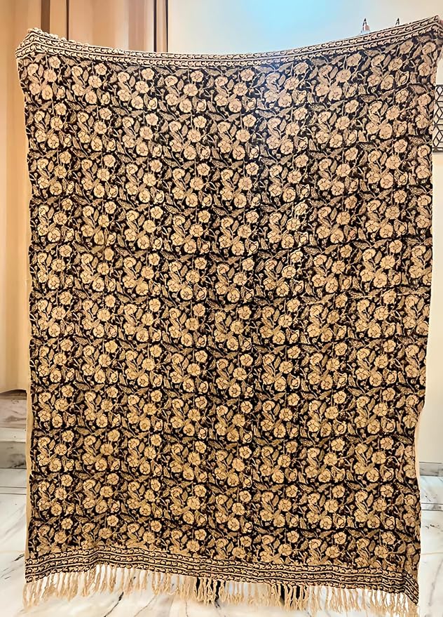 Handmade Cotton Throw Blanket 55x80 Inches | Black & Beige Floral Block Print Decorative Sofa Throw with Tassels | Large Lightweight Cotton Bedspread for Living Room, Couch, or Bedroom