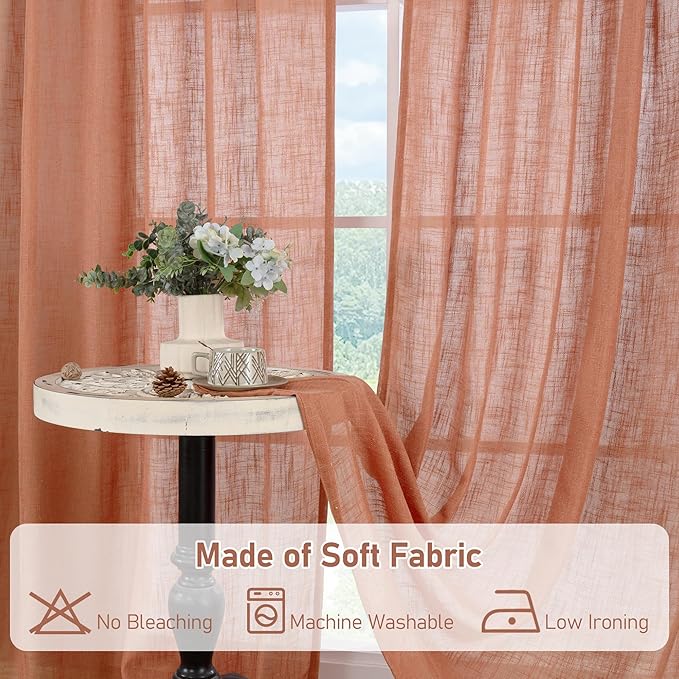 LAMIT Small Window Linen Curtains 36 inches Long, Light Filtering Linen Textured Bronze Grommet Soft Semi Sheer Drapes for Half Windows/Bathroom, 2 Panels, Terracotta, 34 x 36 Inch