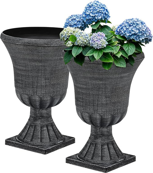 22" Large Urn Planters for Outdoor Plants, Set of 2 Plastic Flower Pot with Handmade Washed Black Finish, Weather-Resistant for Porch, Garden, Patio or Indoor Use