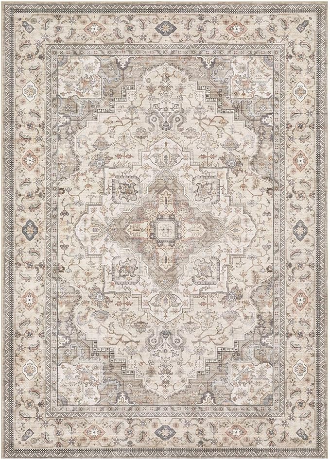 Washable Area Rugs for Living Room - 8x10 Neutral Vintage Distressed Floral Farmhouse Boho Large Soft Floor Rug Indoor Non Slip Carpet for Bedroom Dining Room Office - Brown/Multi