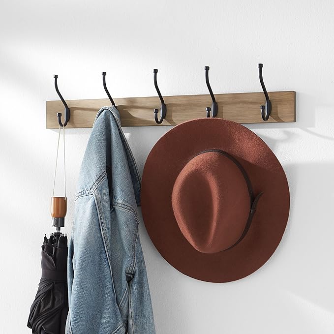 Amazon Basics Rectangular Farmhouse Wall-Mounted Coat Rack with Storage Hooks, 5 Hooks, Barnwood