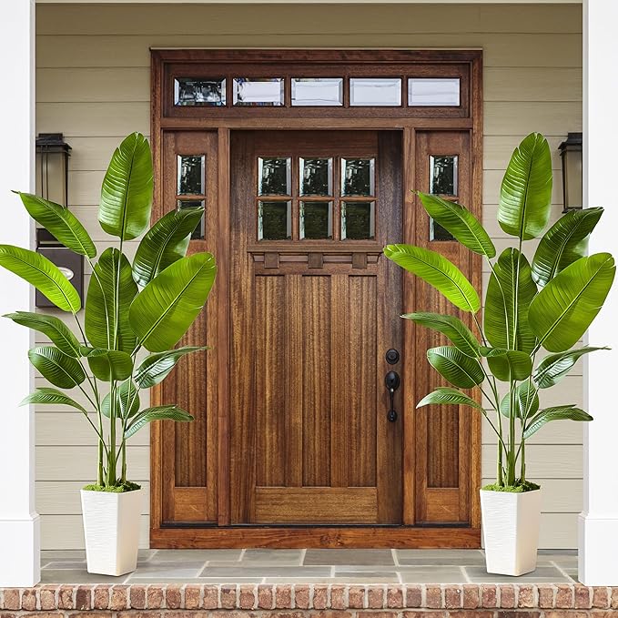 Fake Bird of Paradise Silk Artificial Plant Faux Banana Leaf Tree Lifelike Bird of Paradise for Home Decor Indoor Floor Plant with 10 Trunks (1, White Tall Planter, 6 FT)