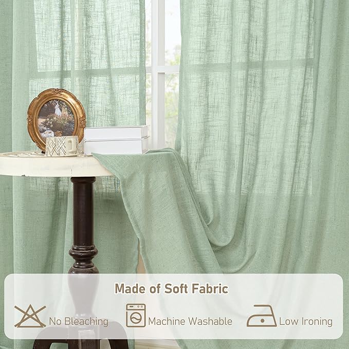 LAMIT Linen Curtains 90 Inch Length for Living Room 2 Panels, Fresh Green Bronze Grommet Light Filtering Semi Sheer Linen Window Drapes Farmhouse Boho Decor Curtains for Bedroom, 52 x 90 Inch