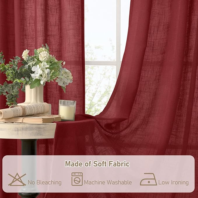 LAMIT Burgundy Red Linen Curtains 48 Inch Length 2 Panels, Light Filtering Semi Sheer Panels Bronze Grommet Christmas Decor Drapes for Small Windows/Kitchen/Bedroom, 34 x 48 Inch